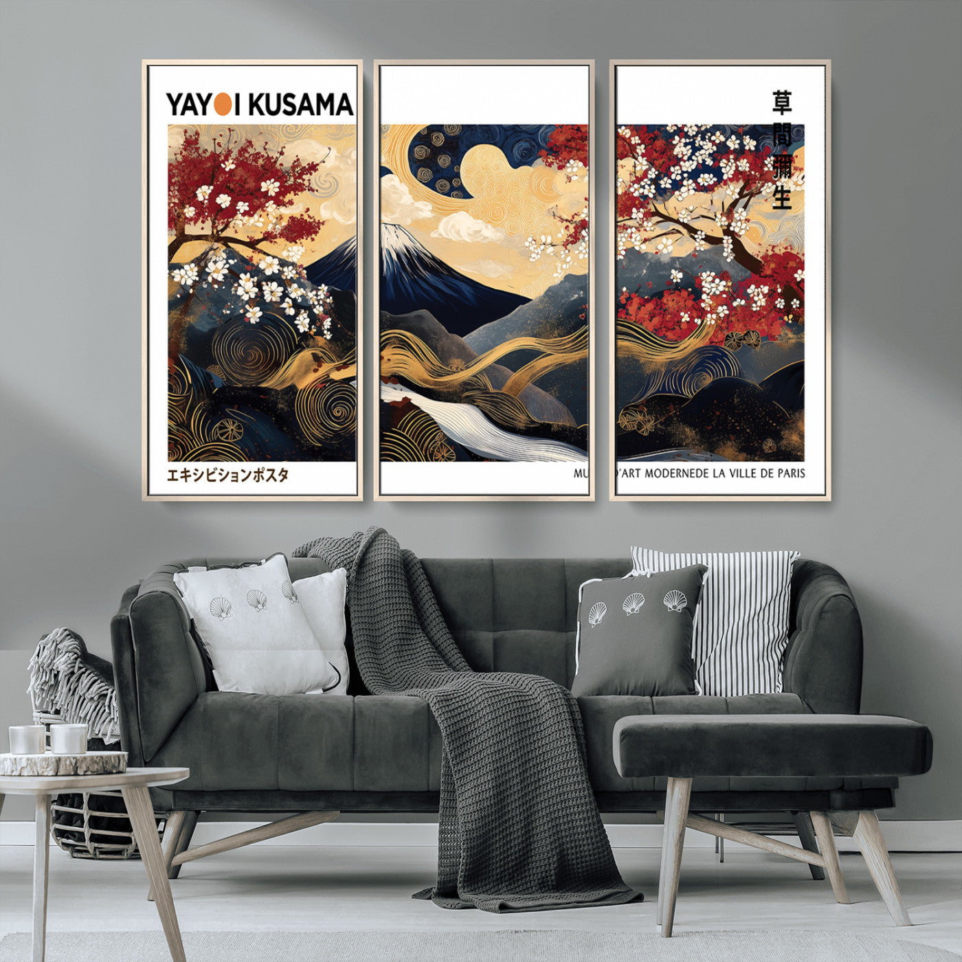 66243961-MGV-CV-36X24-Mount Fuji Japanese Wall Art – Golden Abstract Landscape Canvas Print, Cherry Blossom Painting, Modern Oriental Zen Home Decor