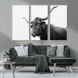 99244177-MGV-CV-36X24-Longhorn Photography Wall Art Canvas Print, Framed Western Cow Decor Art Picture Print, Black White Bull Perfect Modern Rustic