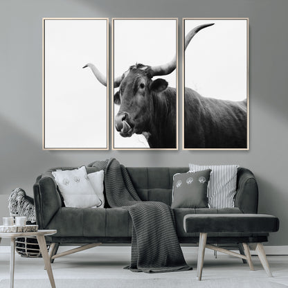 99244177-MGV-CV-36X24-Longhorn Photography Wall Art Canvas Print, Framed Western Cow Decor Art Picture Print, Black White Bull Perfect Modern Rustic