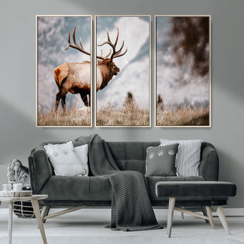 70489411-MGV-FC-48X32-3P_Natural-Elk Photography Wall Art Canvas Print, Framed Mountain Wildlife Art Picture Print, Rustic Nature Decor Perfect Rustic Lodge Decor