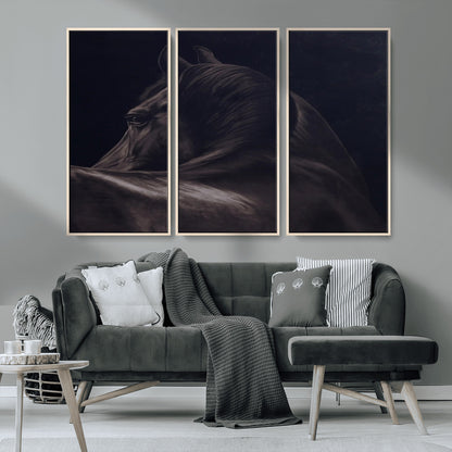 67026880-MGV-CV-36X24-Black Horse Portrait Wall Art Canvas Print, Framed Moody Horse Decor Art Picture Print, Equestrian Wall Style Perfect Masculine