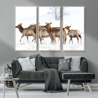 68738684-MGV-CV-36X24-Winter Elk Scene Wall Art Canvas Print, Framed Wildlife Photography Art Picture Print, Snowy Deer Decor Perfect Rustic Lodge Decor