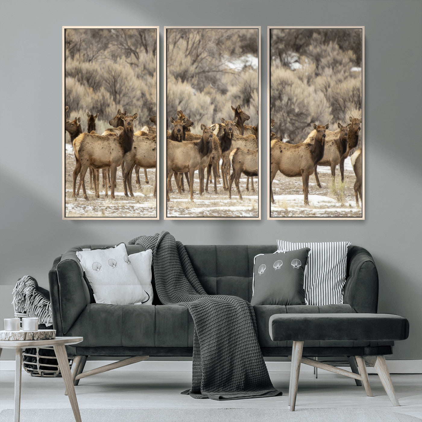 90269422-MGV-CV-36X24-Elk Herd Scene Wall Art Canvas Print, Framed Rustic Wildlife Decor Art Picture Print, Western Cabin Style Perfect Rustic Lodge