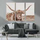 77810049-MGV-CV-36X24-Longhorn Bull Photo Wall Art Canvas Print, Framed Rustic Cow Decor Art Picture Print, Neutral Farmhouse Style Perfect Rustic