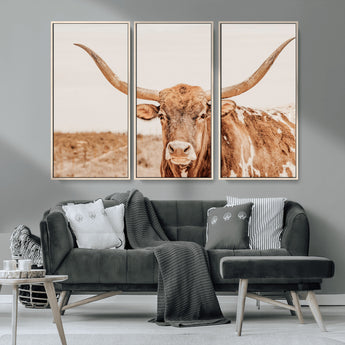 74406977-MGV-CV-36X24-Longhorn Bull Decor Wall Art Canvas Print, Framed Western Cow Theme Art Picture Print, Rustic Farmhouse Wall Perfect Neutral