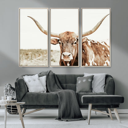 98924580-MGV-CV-36X24-Texas Longhorn Bull Wall Art Canvas Print, Framed Rustic Farmhouse Decor Art Picture Print, Western Animal Theme Perfect Rustic