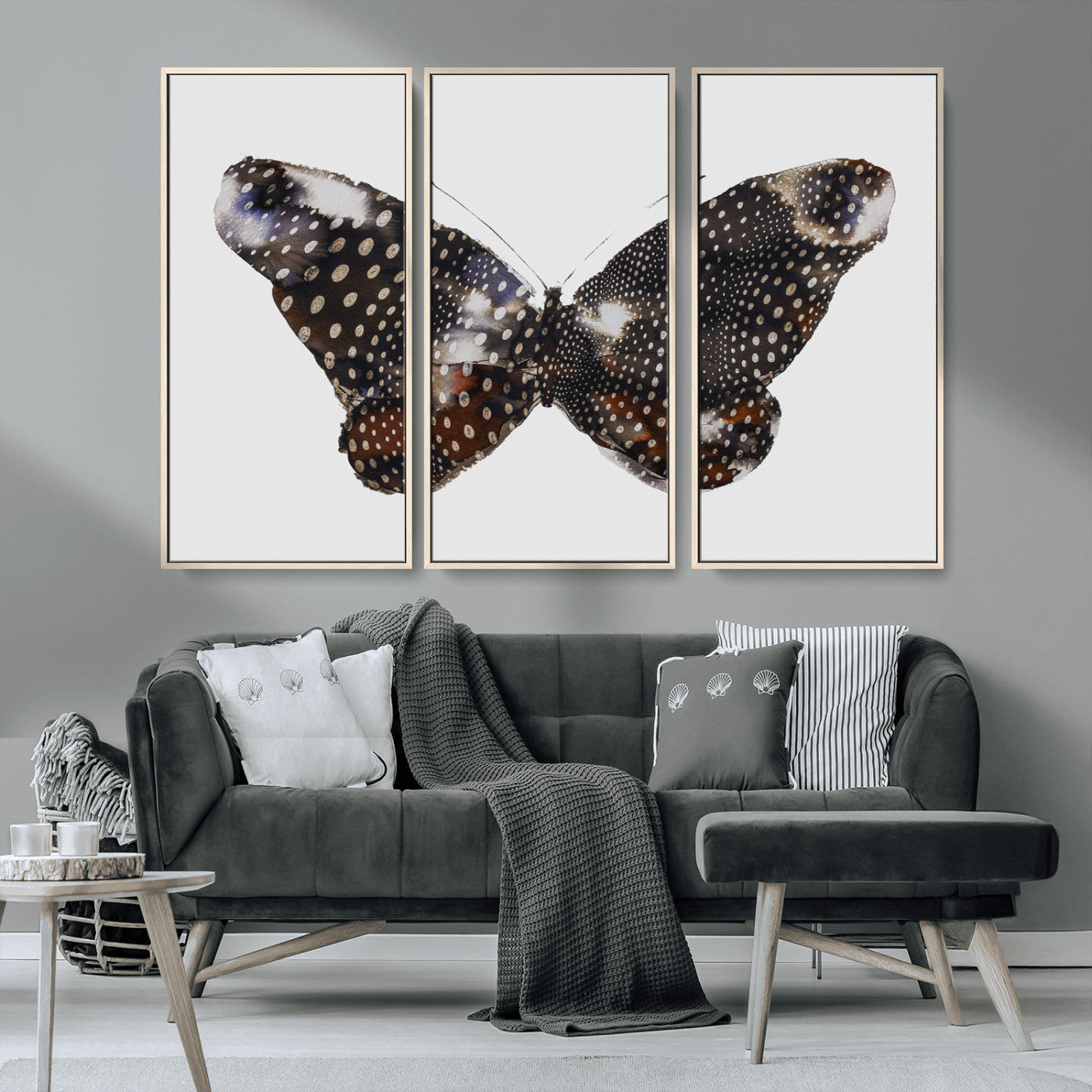 99831147-MGV-CV-36X24-Spotted Butterfly Wall Art Canvas Print, Framed Neutral Insect Theme Art Picture Print, Earthy Wing Pattern Perfect Modern Rustic