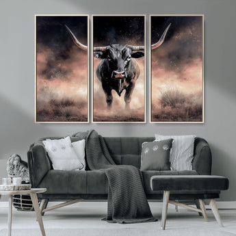71457818-MGV-CV-36X24-Longhorn Wall Art Wall Art Canvas Print, Framed Western Bull Canvas Art Picture Print, Rustic Cow Decor Perfect Western Dramatic