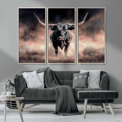 71457818-MGV-CV-36X24-Longhorn Wall Art Wall Art Canvas Print, Framed Western Bull Canvas Art Picture Print, Rustic Cow Decor Perfect Western Dramatic