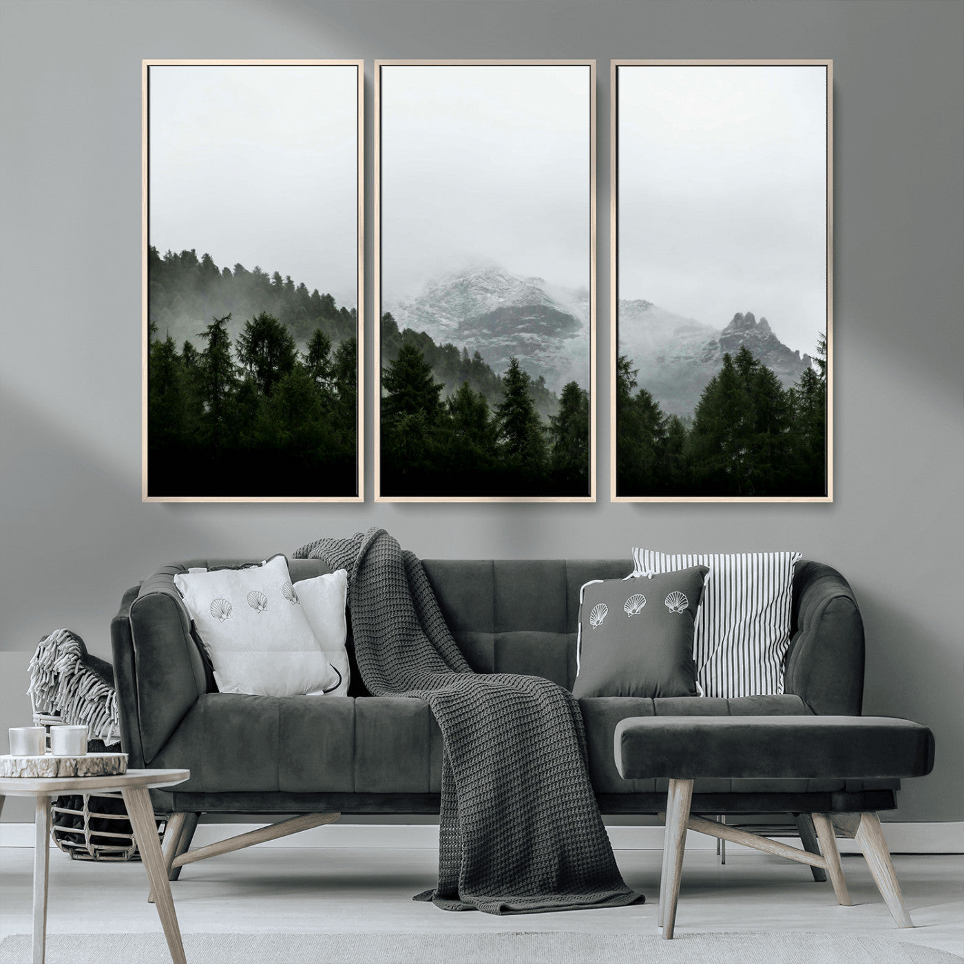 55968349-MGV-CV-36X24-Misty Mountains Wall Art Canvas Print, Framed Foggy Forest Art Picture Print, Snowy Peaks Perfect Moody Wilderness Decor Artwork