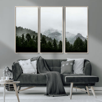 55968349-MGV-CV-36X24-Misty Mountains Wall Art Canvas Print, Framed Foggy Forest Art Picture Print, Snowy Peaks Perfect Moody Wilderness Decor Artwork