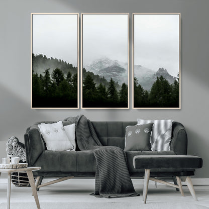 55968349-MGV-CV-36X24-Misty Mountains Wall Art Canvas Print, Framed Foggy Forest Art Picture Print, Snowy Peaks Perfect Moody Wilderness Decor Artwork