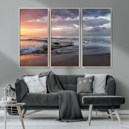 94208089-MGV-CV-36X24-Golden Hour Wall Art Canvas Print, Framed Tranquil Waves Art Picture Print, Beach Horizon Perfect Coastal Serenity Decor Artwork