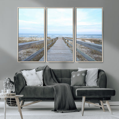 31602988-MGV-CV-36X24-Beach Boardwalk Wall Art Canvas Print, Framed Coastal Serenity Art Picture Print, Ocean View Perfect Coastal Minimalist Decor