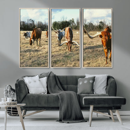 39144651-MGV-CV-36X24-Texas Longhorns Wall Art Canvas Print, Framed Rustic Farm Scene Art Picture Print, Western Cattle Perfect Rustic Farmhouse Decor