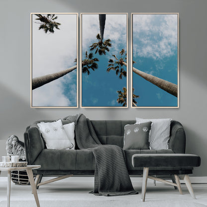 45236398-MGV-FC-48X32-3P_Natural-Tropical Palm Trees Wall Art Canvas Print, Framed California Sky Art Picture Print, Minimalist Nature Perfect Coastal Minimalist