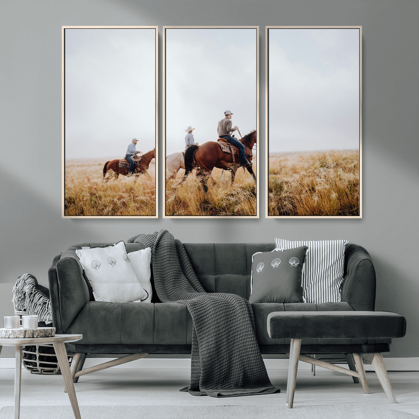 94723307-MGV-CV-36X24-Western Cowboys Wall Art Canvas Print, Framed Rustic Prairie Art Picture Print, Horseback Riding Perfect Rustic Western Decor