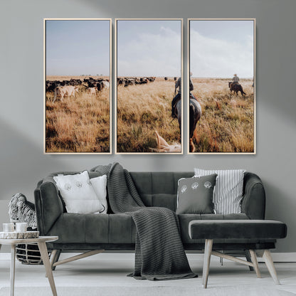 22431577-MGV-FC-48X32-3P_Natural-Western Wall Art Wall Art Canvas Print, Framed Cowboy Canvas Art Picture Print, Cattle Drive Scene Perfect Rustic Western Decor