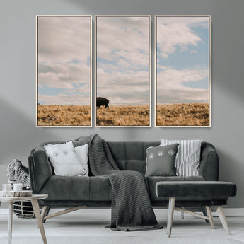 22754563-MGV-CV-36X24-Earthy Tones Wall Art Canvas Print, Framed Rustic Nature Art Picture Print, Solitary Buffalo Perfect Western Minimalist Decor