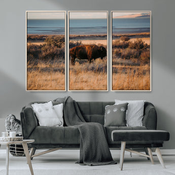 39509187-MGV-FC-48X32-3P_Natural-Western Wildlife Wall Art Canvas Print, Framed Bison Art Picture Print, Golden Hour Perfect Western Rustic Decor Artwork