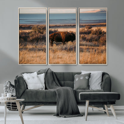39509187-MGV-FC-48X32-3P_Natural-Western Wildlife Wall Art Canvas Print, Framed Bison Art Picture Print, Golden Hour Perfect Western Rustic Decor Artwork