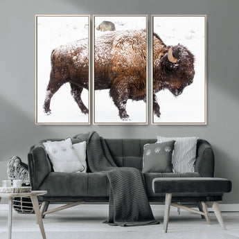 94261165-MGV-CV-36X24-Snowy Buffalo Wall Art Canvas Print, Framed Wildlife Photography Art Picture Print, Brown Tones Perfect Rustic Lodge Decor Decor