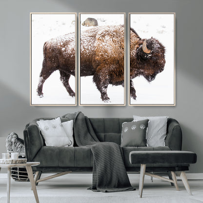 94261165-MGV-CV-36X24-Snowy Buffalo Wall Art Canvas Print, Framed Wildlife Photography Art Picture Print, Brown Tones Perfect Rustic Lodge Decor Decor