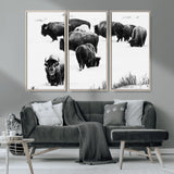 18914414-MGV-CV-36X24-Buffalo Herd Wall Art Canvas Print, Framed Black and White Art Picture Print, Snowy Landscape Perfect Rustic Lodge Decor Decor