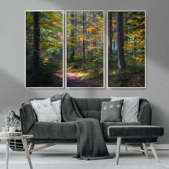 65810864-MGV-CV-36X24-Autumn Forest Wall Art Canvas Print, Framed Fall Woodland Art Picture Print, Golden Leaves Perfect Rustic Farmhouse Decor Artwork