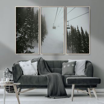 87018452-MGV-CV-36X24-Ski Lift Wall Art Canvas Print, Framed Snowy Pines Art Picture Print, Misty Landscape Perfect Winter Serenity Decor Artwork
