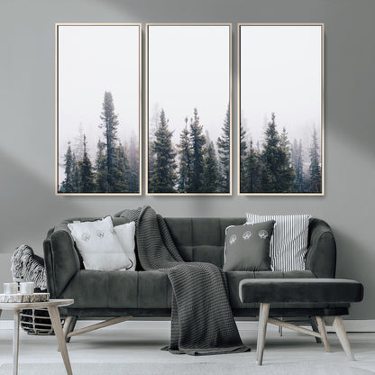 42364796-MGV-FC-48X32-3P_Natural-Foggy Forest Wall Art Canvas Print, Framed Misty Pines Art Picture Print, Moody Woodland Perfect Scandinavian Minimalist Decor