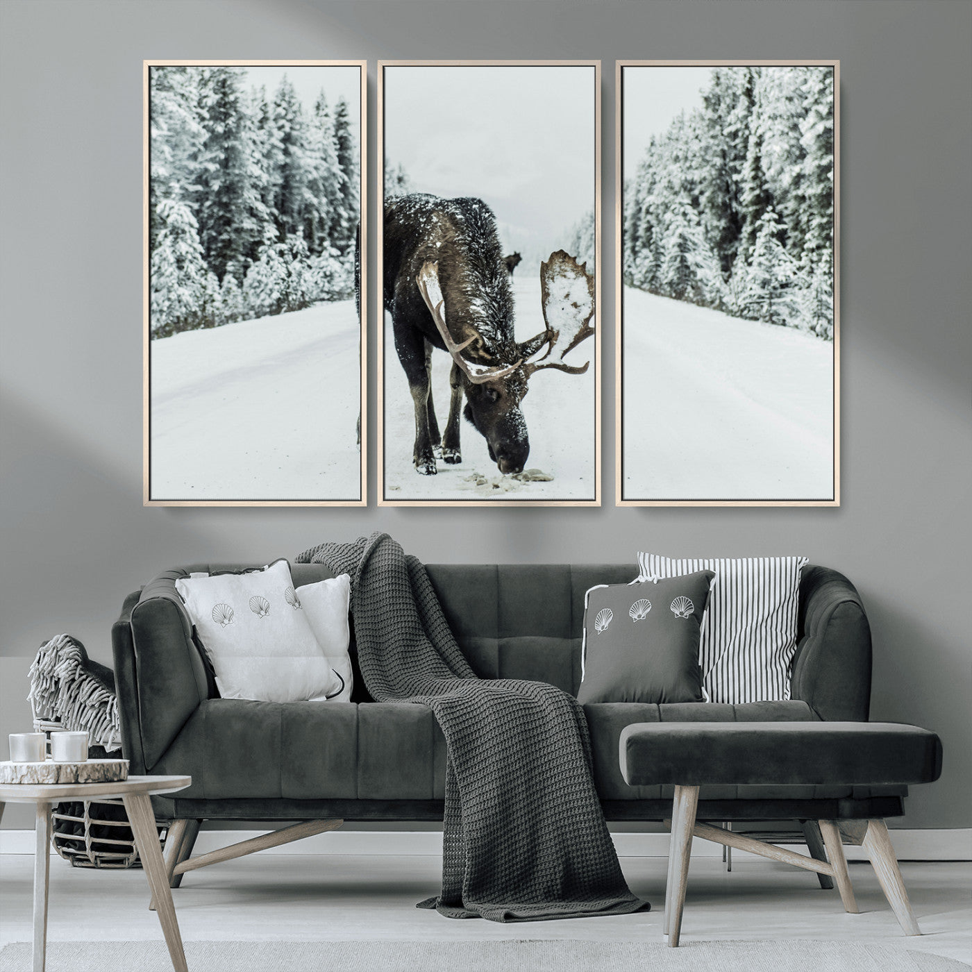13316292-MGV-CV-36X24-Moose in Snow Wall Art Canvas Print, Framed Winter Wildlife Art Picture Print, Snowy Forest Scene Perfect Rustic Lodge Decor
