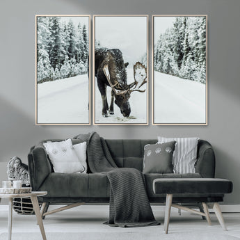 13316292-MGV-CV-36X24-Moose in Snow Wall Art Canvas Print, Framed Winter Wildlife Art Picture Print, Snowy Forest Scene Perfect Rustic Lodge Decor