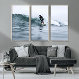 11693607-MGV-FC-48X32-3P_Natural-Surfer on Wave Wall Art Canvas Print, Framed Ocean Adventure Art Picture Print, Motion Blur Water Perfect Coastal Adventure Decor