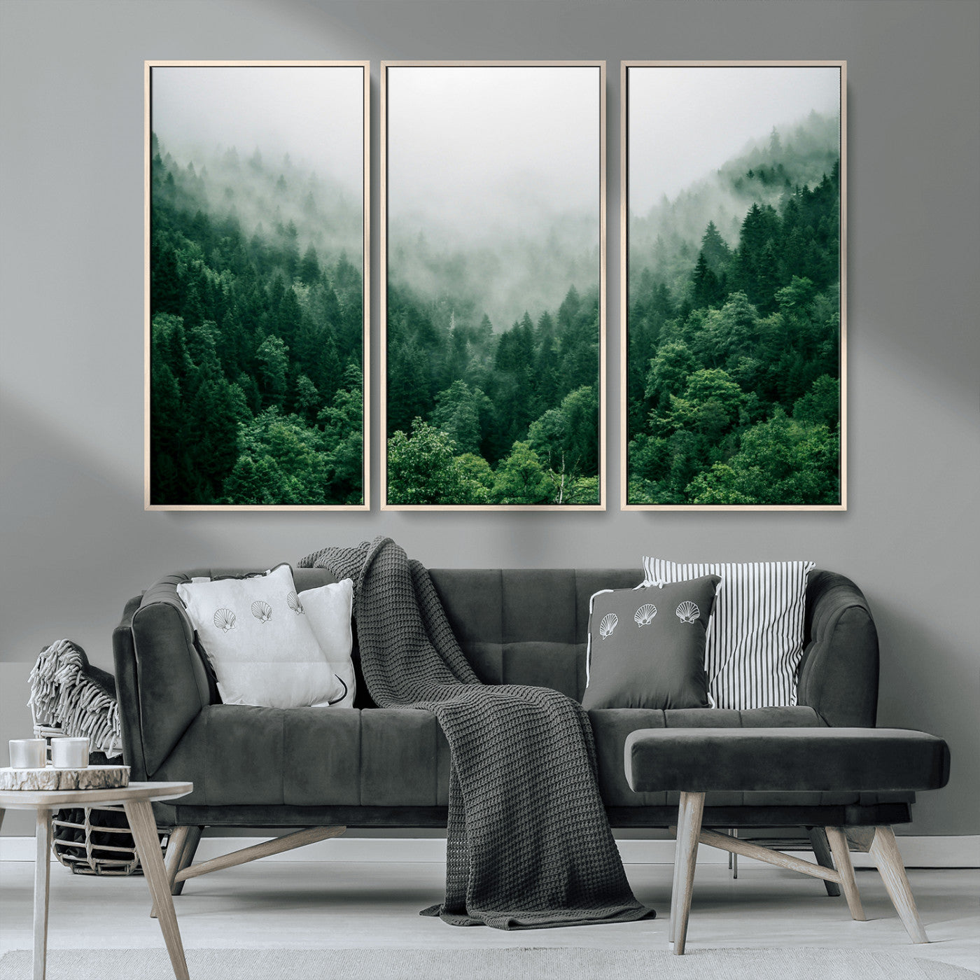 45265379-MGV-FC-48X32-3P_Natural-Misty Forest Wall Art – Green Mountain Pine Tree Landscape Canvas Print, Nature Photography Artwork Home Decor for Bedroom, Living