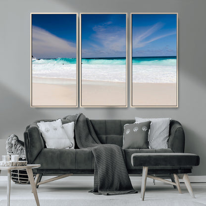 55017356-MGV-CV-36X24-Ocean Beach Wall Art – Turquoise Wave and White Sand Shoreline Canvas Print, Coastal Seascape Photography Decor for Living Room,