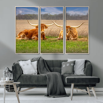54598515-MGV-CV-36X24-Texas Longhorns Wall Art – Rustic Cattle Ranch Canvas Print, Western Farmhouse Animal Photography Decor for Living Room, Office,