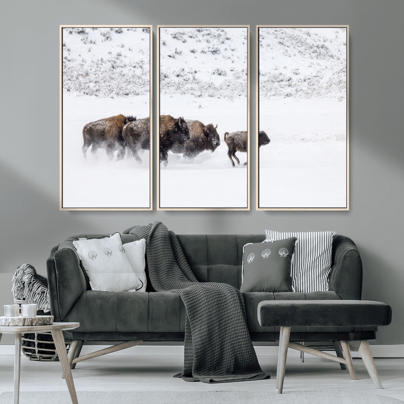 61161423-MGV-CV-36X24-Running Bison Herd Wall Art – Winter Buffalo Canvas Print, Wildlife Photography Decor for Rustic Living Room, Farmhouse, Lodge,