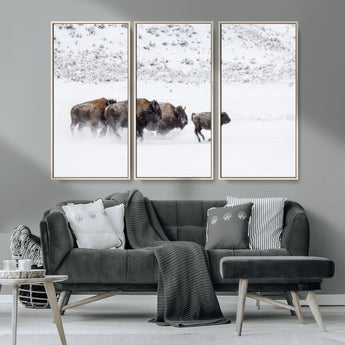 61161423-MGV-CV-36X24-Running Bison Herd Wall Art – Winter Buffalo Canvas Print, Wildlife Photography Decor for Rustic Living Room, Farmhouse, Lodge,