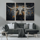 93195031-MGV-CV-36X24-Dark Longhorn Bull Wall Art – Western Steer Canvas Print, Moody Rustic Animal Painting for Man Cave, Ranch House, Office or Modern