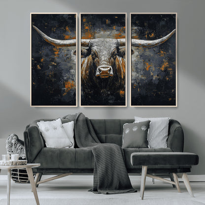 93195031-MGV-CV-36X24-Dark Longhorn Bull Wall Art – Western Steer Canvas Print, Moody Rustic Animal Painting for Man Cave, Ranch House, Office or Modern