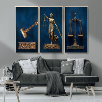 91629053-MGV-FC-48X32-3P_Natural-Lady Justice Wall Art – Golden Gavel and Scales Canvas Print, Elegant Legal Office Decor for Lawyers, Judges, Courtroom or Study