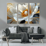 39604126-MGV-CV-36X24-Abstract Flower Wall Art – Elegant White and Gold Bloom Canvas Print, Modern Floral Artwork for Bedroom, Living Room, or Office