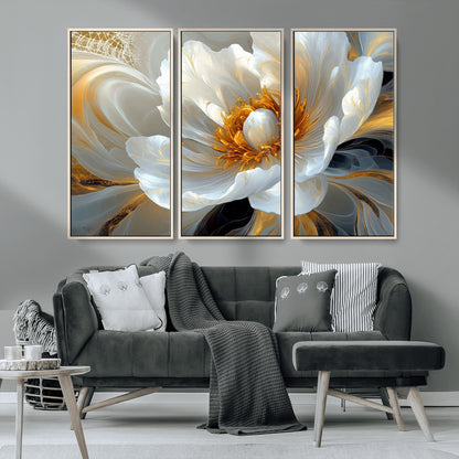 39604126-MGV-CV-36X24-Abstract Flower Wall Art – Elegant White and Gold Bloom Canvas Print, Modern Floral Artwork for Bedroom, Living Room, or Office