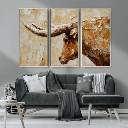 69611428-MGV-CV-36X24-Longhorn Bull Wall Art – Rustic Western Canvas Print, Textured Farmhouse Cattle Painting for Living Room, Office, or Ranch House