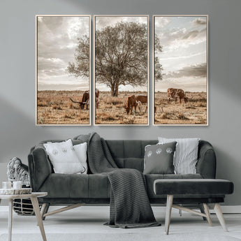 87590224-MGV-CV-36X24-Longhorn Cattle Wall Art – Rustic Western Landscape Canvas Print, Texas Farmhouse Prairie Scene for Living Room, Office, or Ranch