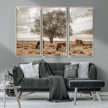 87590224-MGV-CV-36X24-Longhorn Cattle Wall Art – Rustic Western Landscape Canvas Print, Texas Farmhouse Prairie Scene for Living Room, Office, or Ranch