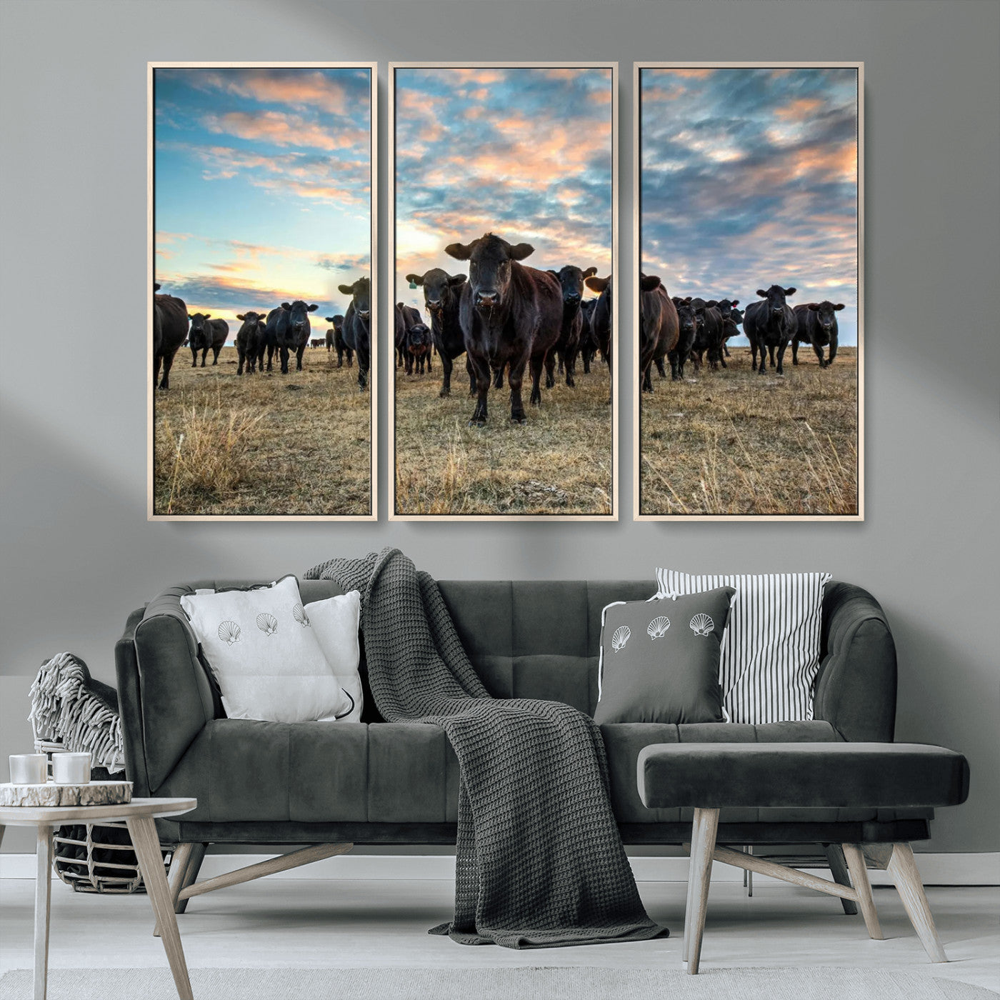 13867292-MGV-FC-48X32-3P_Natural-Black Cattle Wall Art – Rustic Ranch Herd Canvas Print, Western Farmhouse Country Landscape Decor for Living Room, Office, or