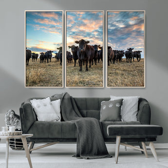 13867292-MGV-FC-48X32-3P_Natural-Black Cattle Wall Art – Rustic Ranch Herd Canvas Print, Western Farmhouse Country Landscape Decor for Living Room, Office, or