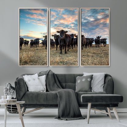 13867292-MGV-FC-48X32-3P_Natural-Black Cattle Wall Art – Rustic Ranch Herd Canvas Print, Western Farmhouse Country Landscape Decor for Living Room, Office, or